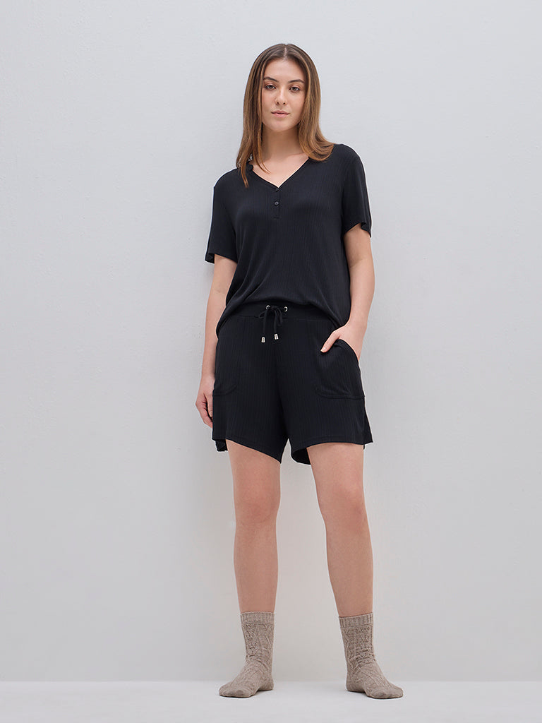 Wunderlove Black Ribbed High-Rise Shorts