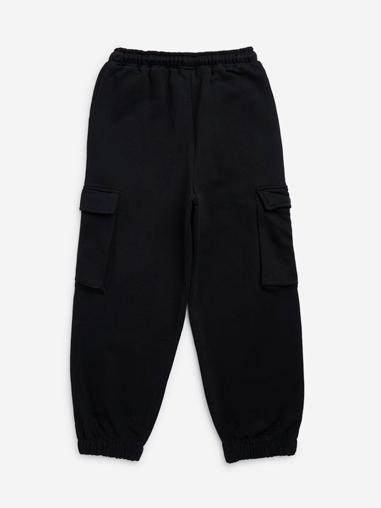 Y&F Kids Black Relaxed-Fit Mid-Rise Cargo Cotton-Blend Joggers
