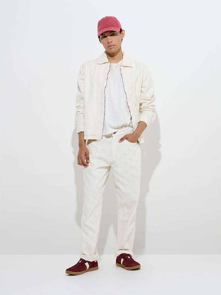 Nuon Off-White Self-Patterned Relaxed-Fit Denim Jacket
