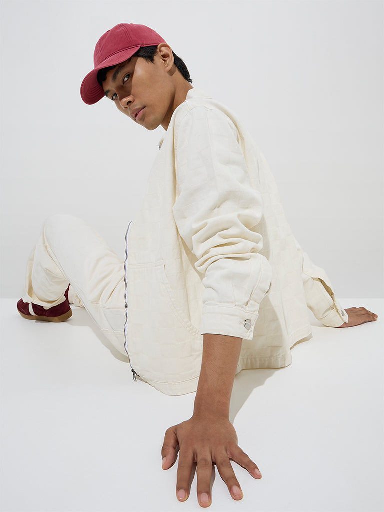 Nuon Off-White Self-Patterned Relaxed-Fit Denim Jacket