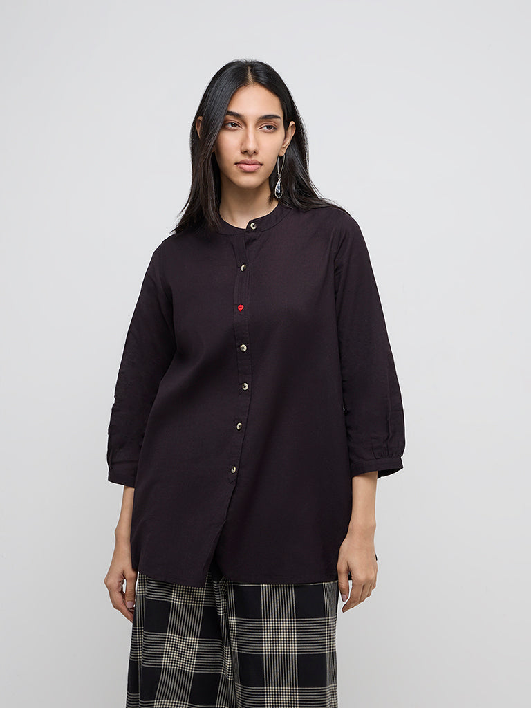 Utsa Black Floral Embroidered Cotton-Blend Tunic