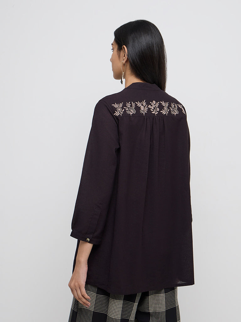 Utsa Black Floral Embroidered Cotton-Blend Tunic
