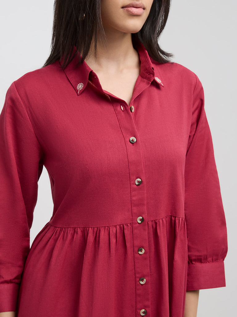 Utsa Magenta Floral Embroidered Cotton-Blend Shirt Dress