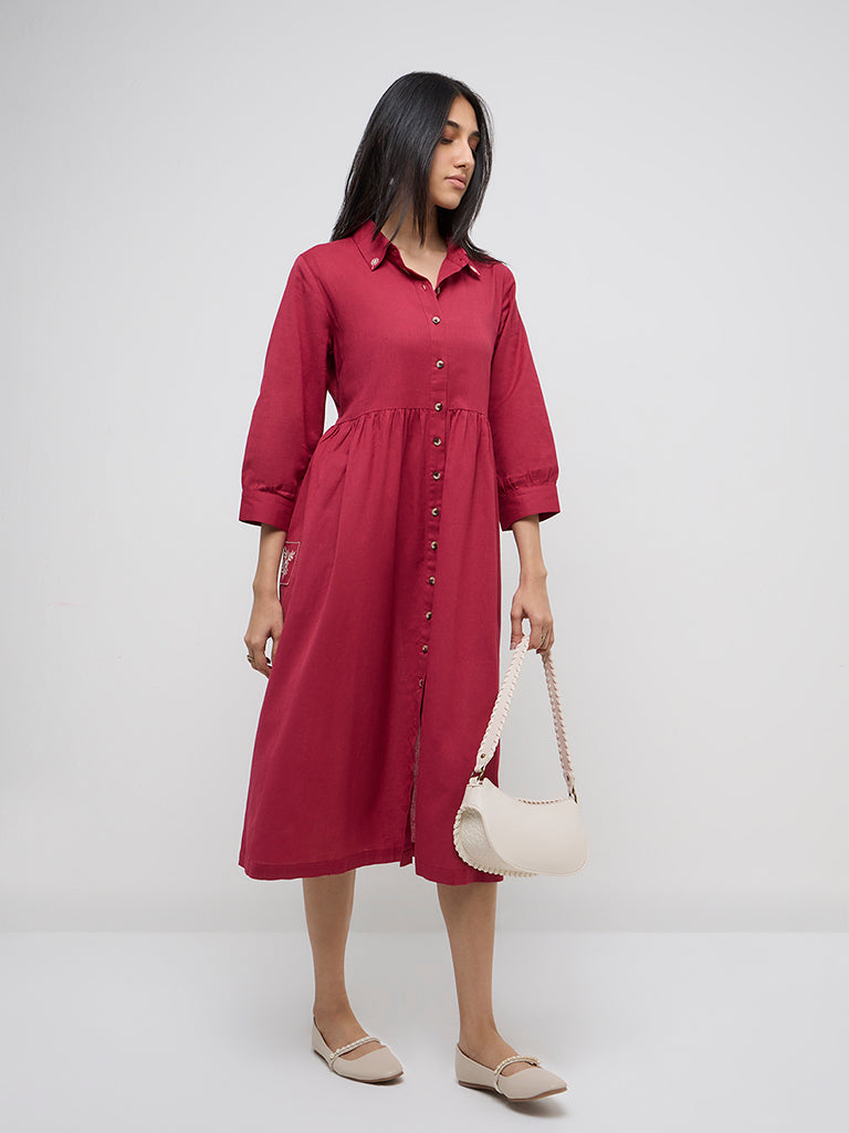 Utsa Magenta Floral Embroidered Cotton-Blend Shirt Dress