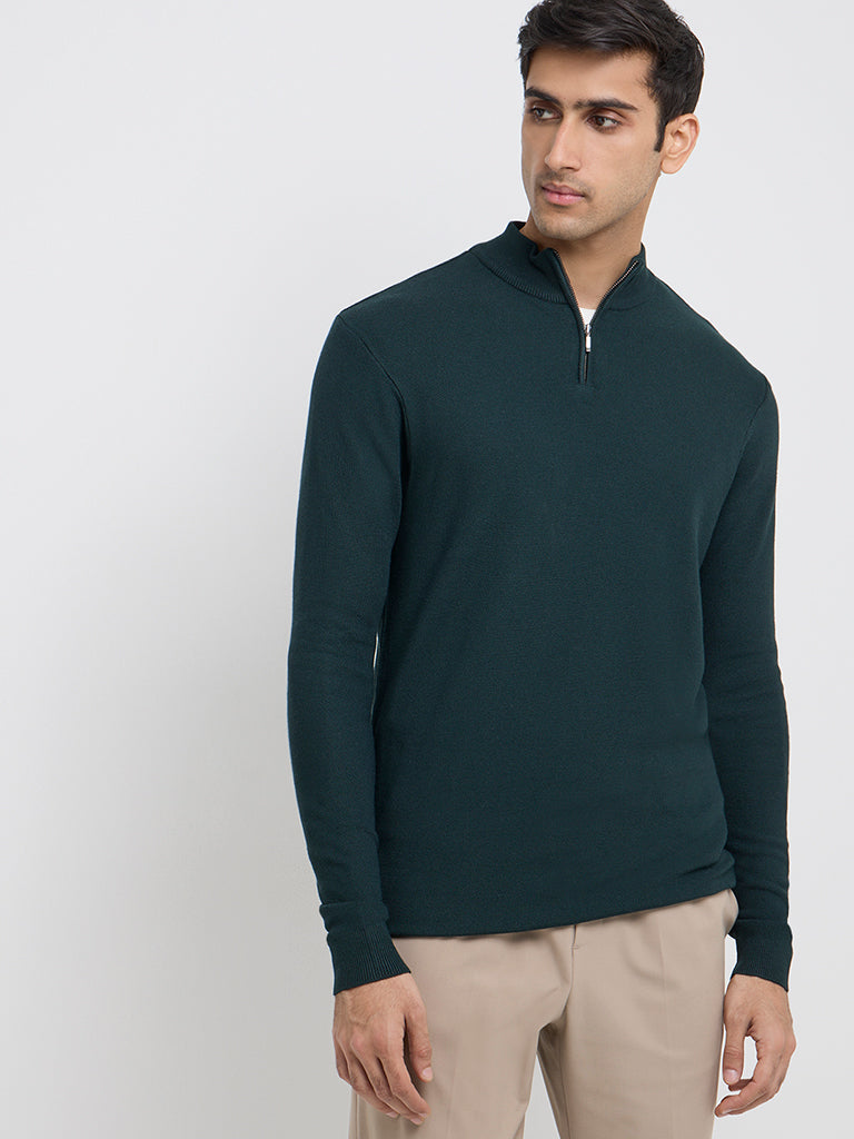 WES Formals Dark Green Solid Slim-Fit Quarter Zip Sweater