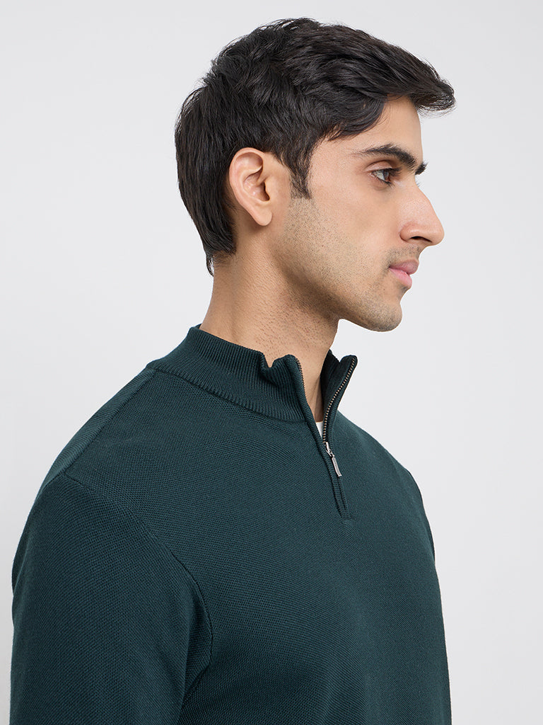 WES Formals Dark Green Solid Slim-Fit Quarter Zip Sweater