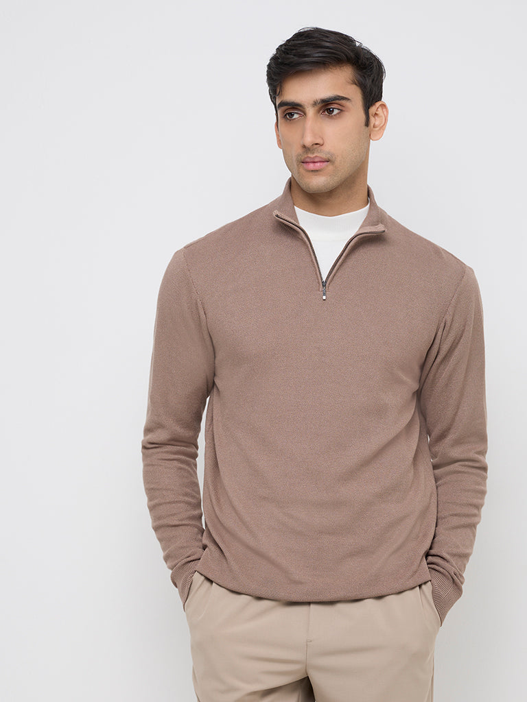 WES Formals Taupe Solid Slim-Fit Quarter Zip Sweater