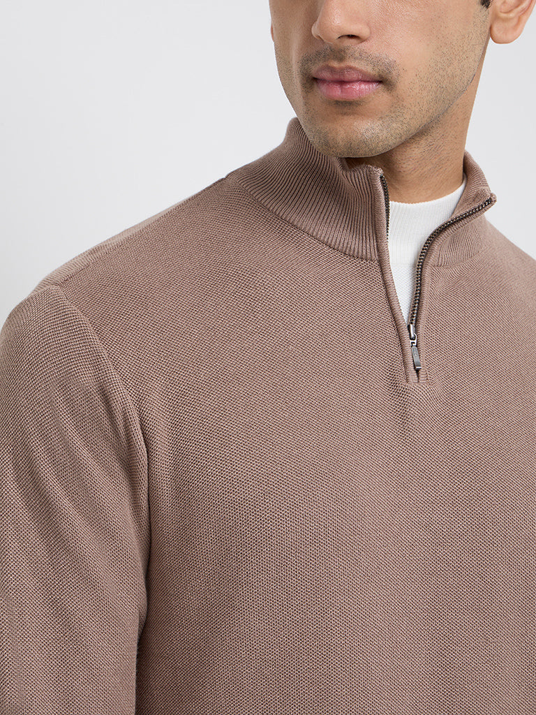 WES Formals Taupe Solid Slim-Fit Quarter Zip Sweater
