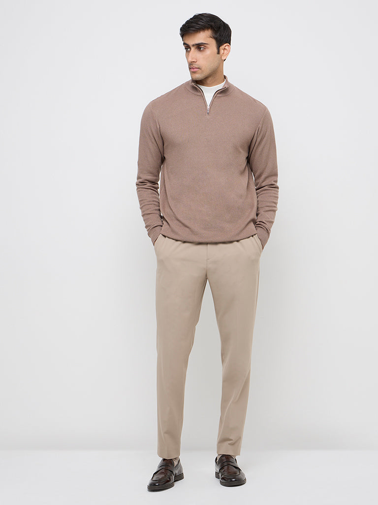 WES Formals Taupe Solid Slim-Fit Quarter Zip Sweater