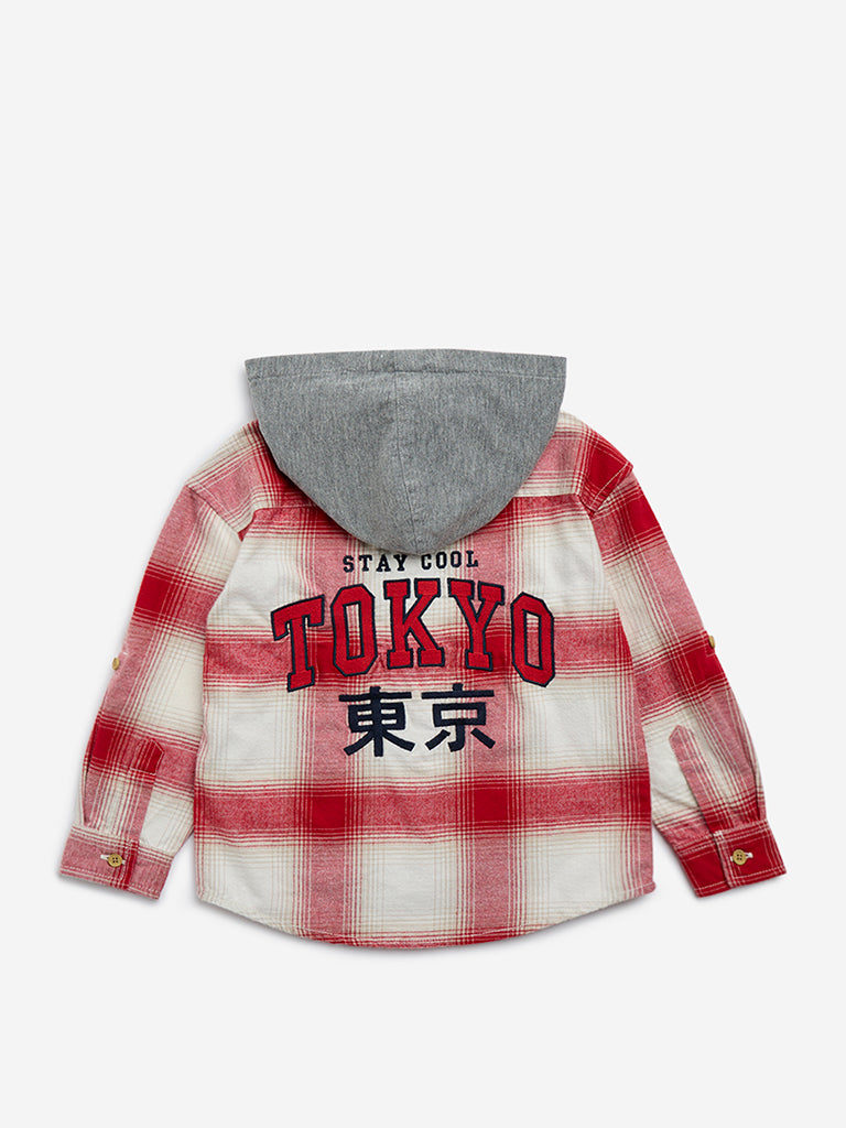 HOP Kids Red Checkered Cotton Hooded Shirt