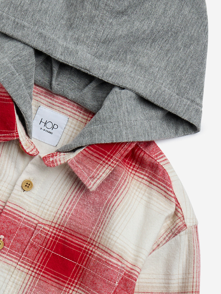 HOP Kids Red Checkered Cotton Hooded Shirt