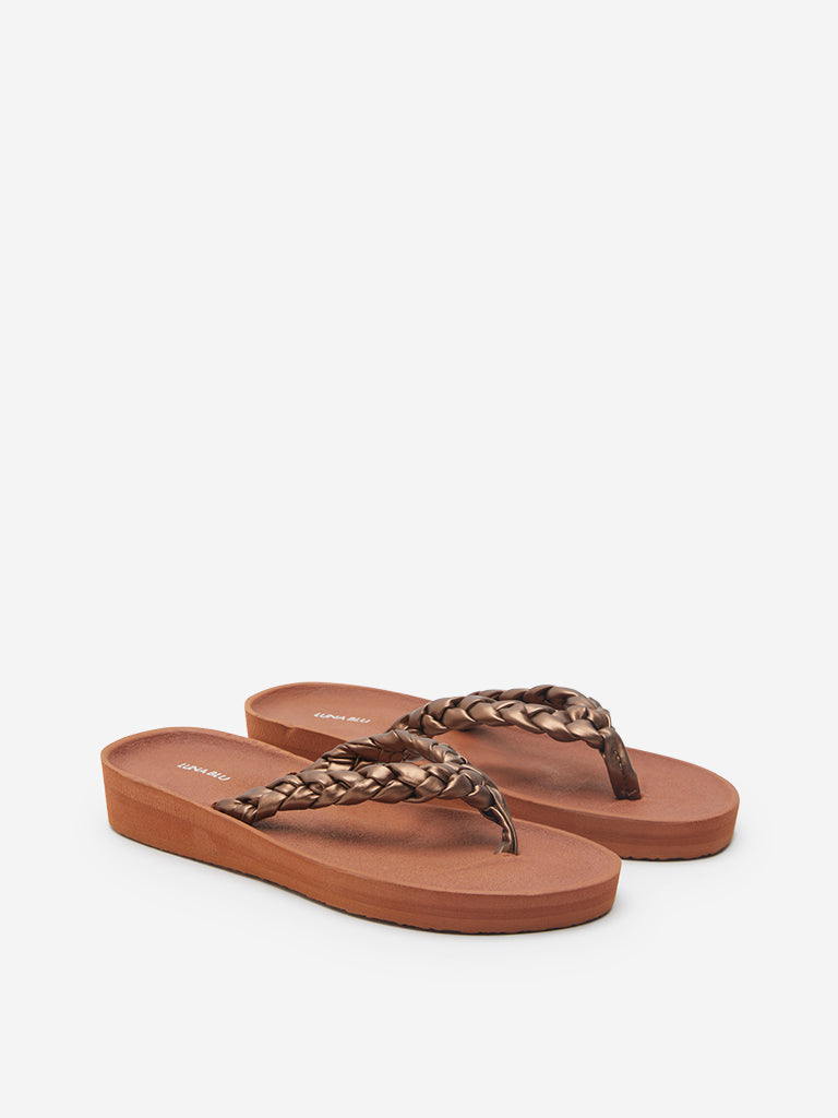 Buy LUNA BLU Tan Braid Pattern Flip-Flops from Westside