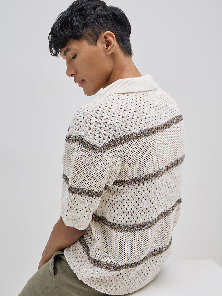 ETA Off-White Striped Knitted Relaxed-Fit Cotton-Blend Sweater
