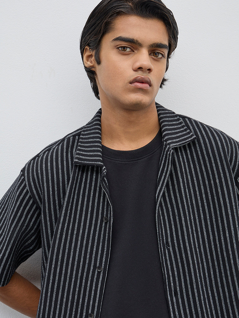ETA Black Striped Relaxed-Fit Cotton-Blend Shirt