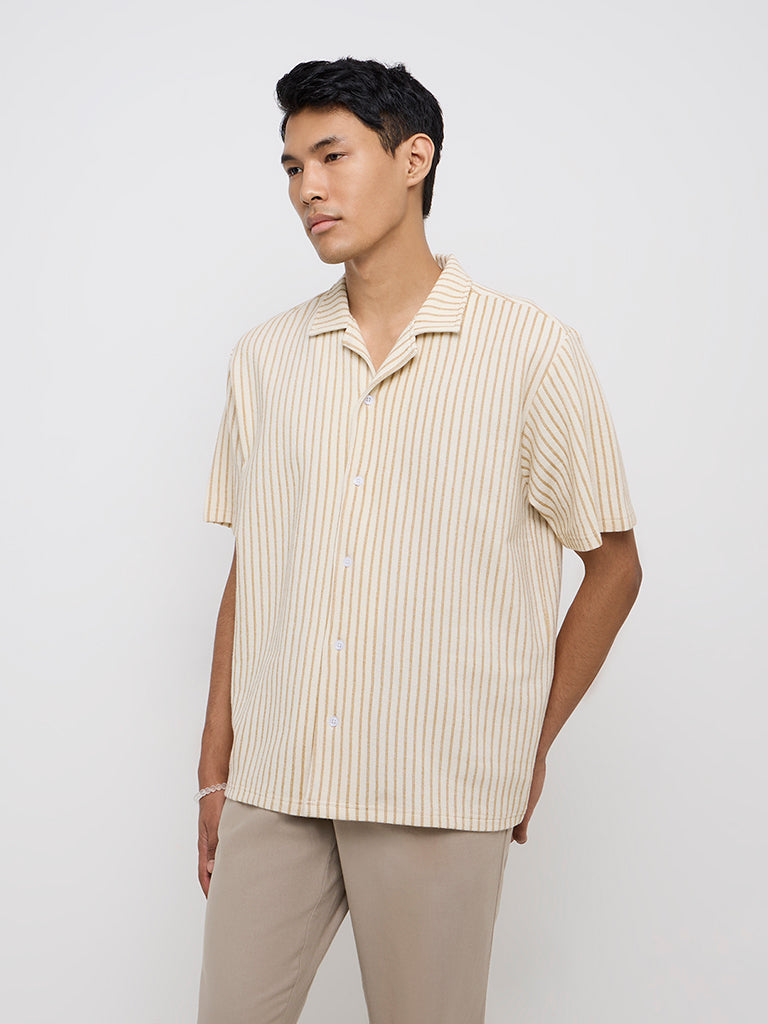 ETA Beige Striped Relaxed Fit Cotton-Blend Shirt