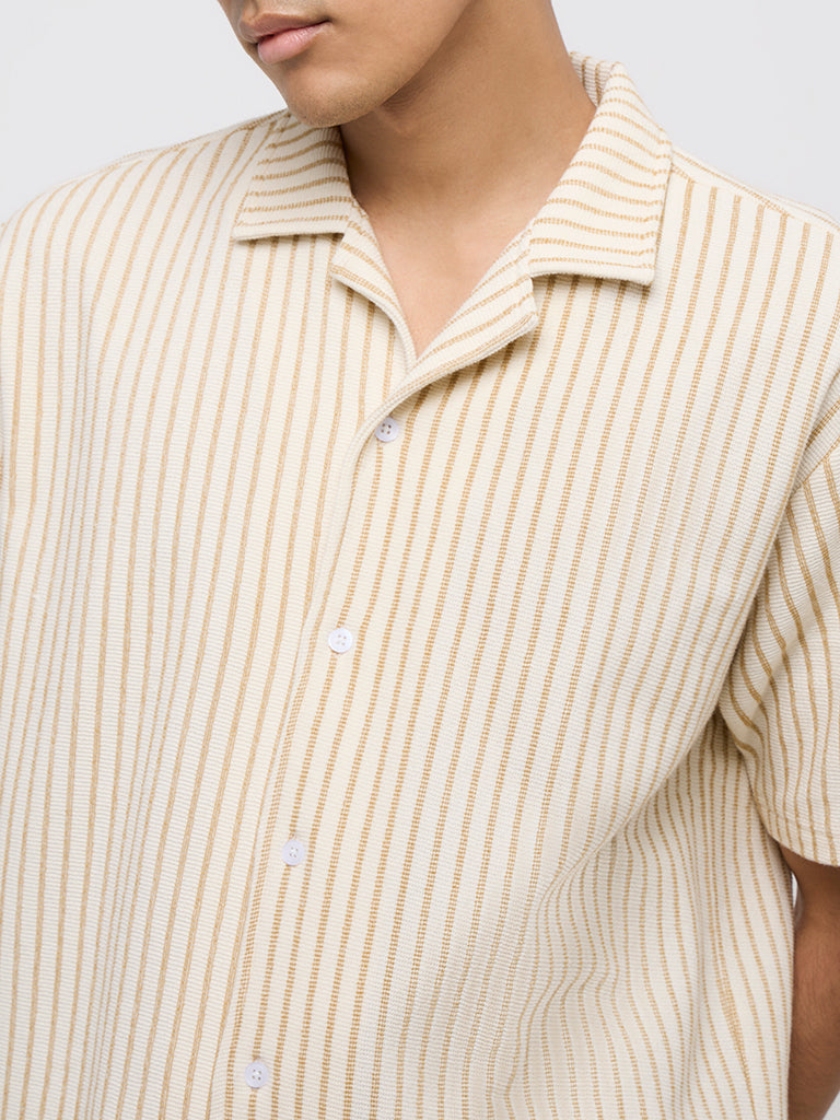 ETA Beige Striped Relaxed Fit Cotton-Blend Shirt