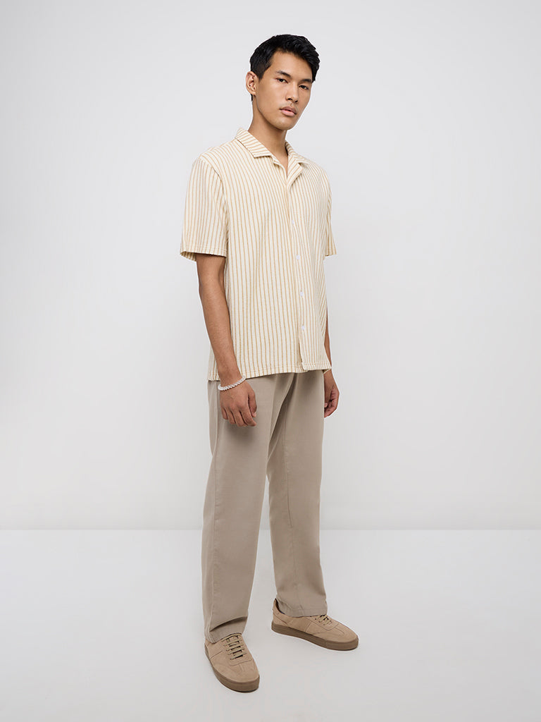 ETA Beige Striped Relaxed Fit Cotton-Blend Shirt