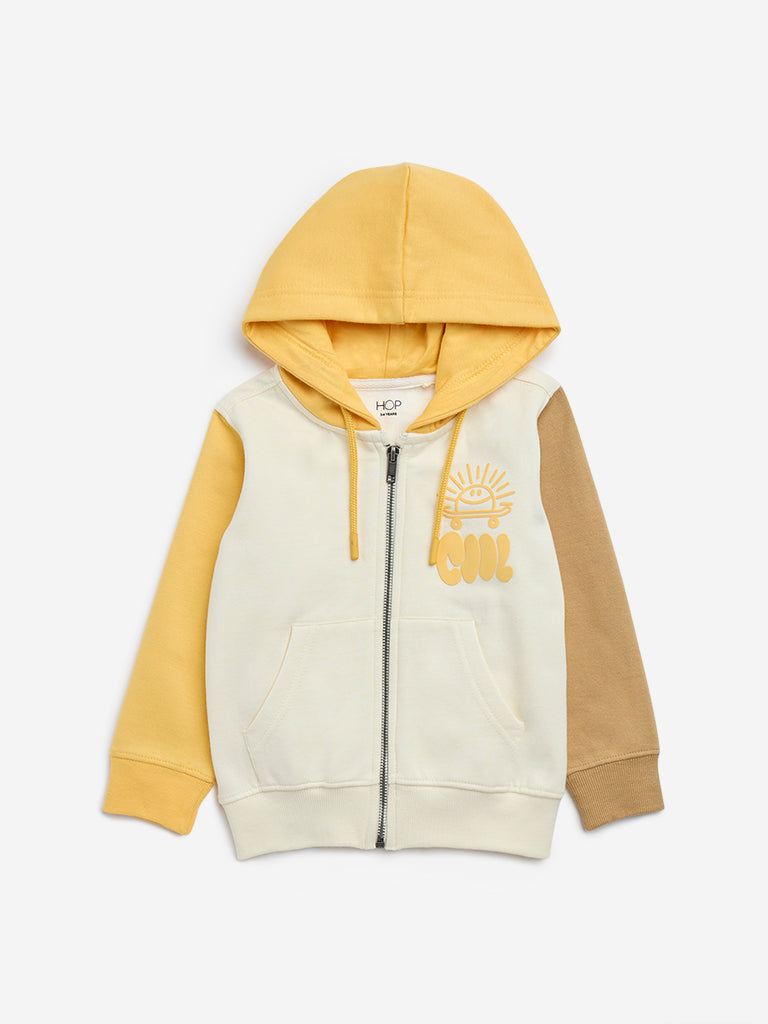 Westside HOP Kids Yellow Colour-Blocked Design Cotton-Blend Sweatshirt for Winter Wear Front View