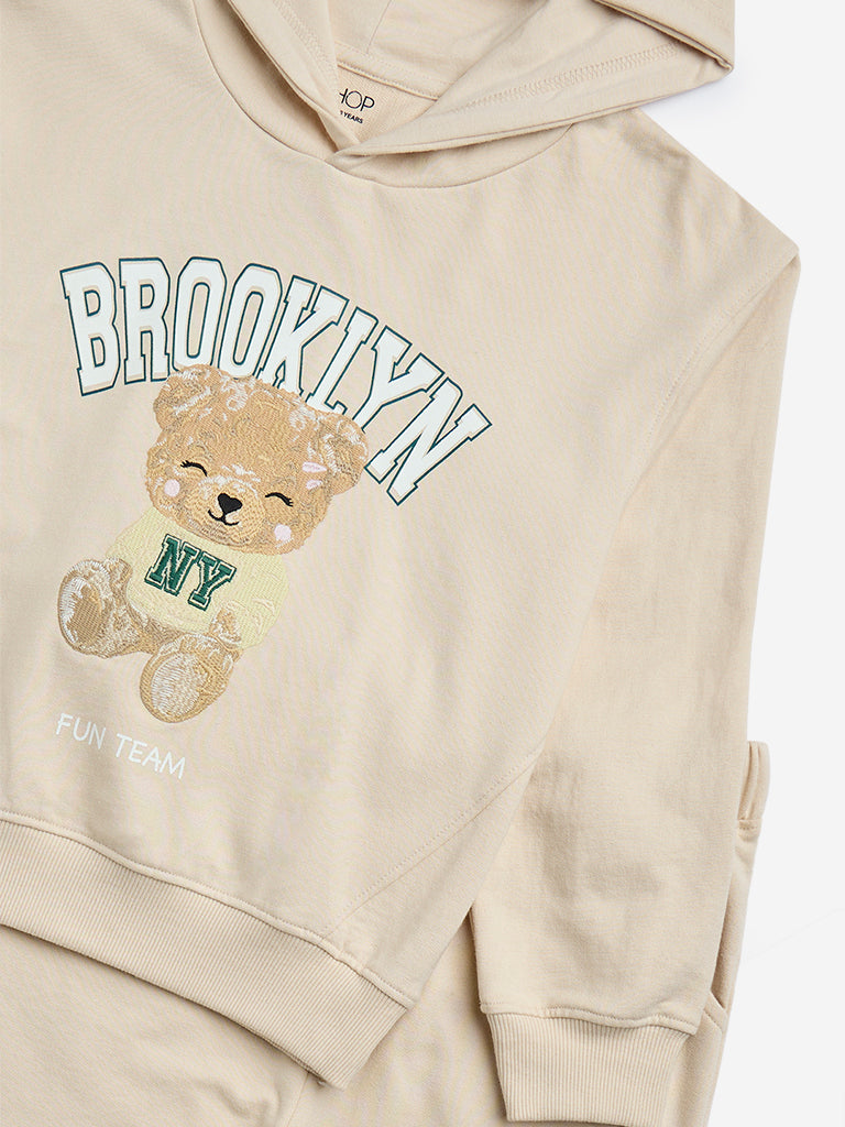 HOP Kids Beige Animal Design Cotton Sweatshirt with Joggers Set