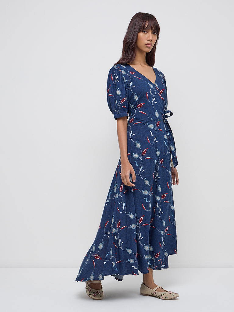 Bombay Paisley Indigo Paisley Design Wrap-Style Dress