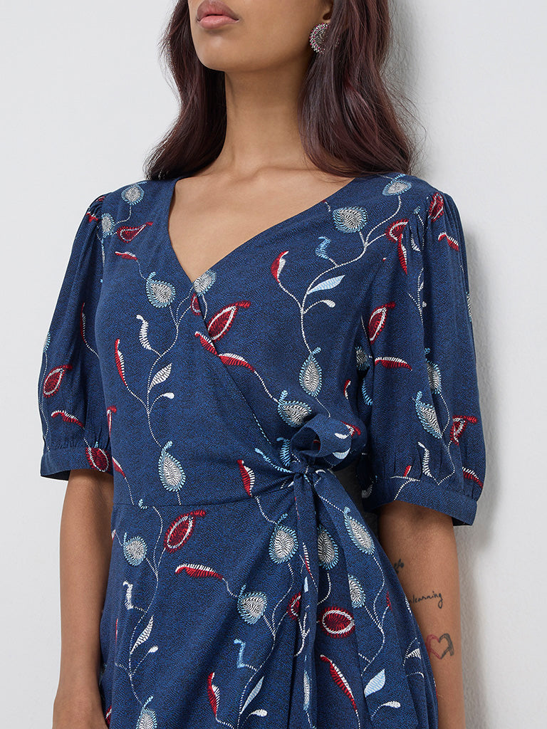 Bombay Paisley Indigo Paisley Design Wrap-Style Dress