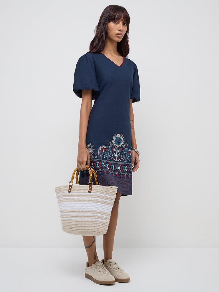 Bombay Paisley Navy Animal Design Cotton-Blend A-Line Dress