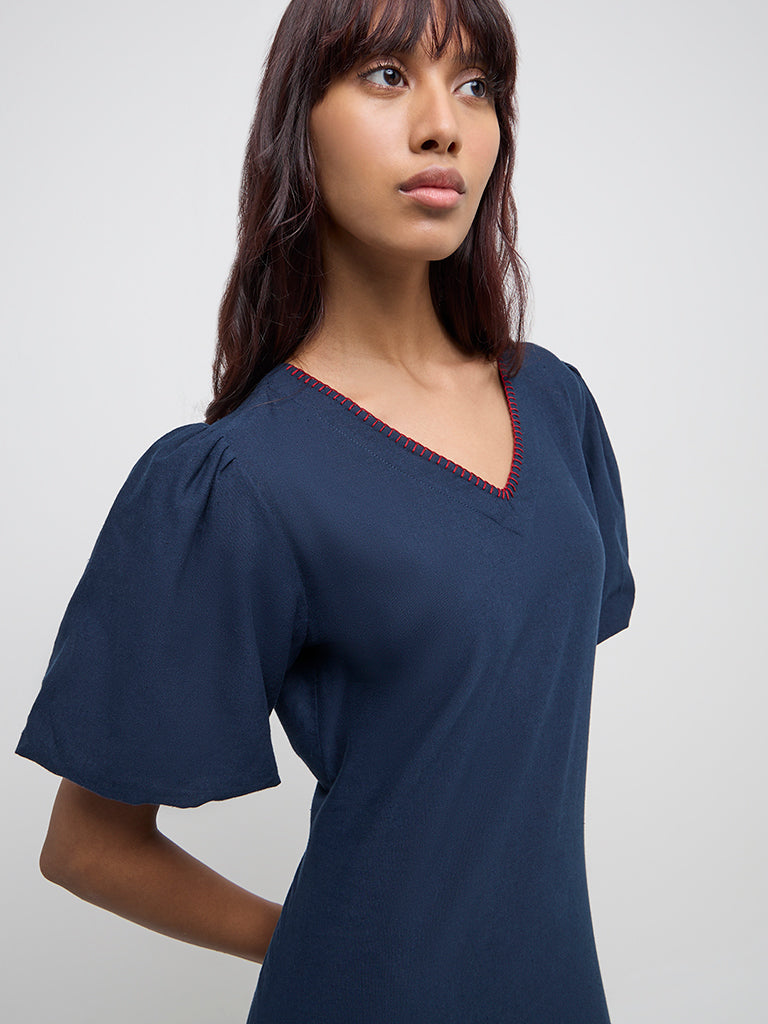 Bombay Paisley Navy Animal Design Cotton-Blend A-Line Dress