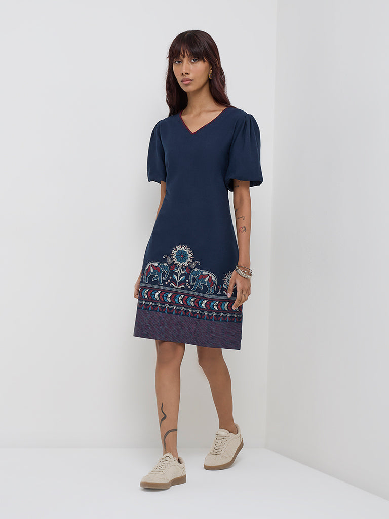 Bombay Paisley Navy Animal Design Cotton-Blend A-Line Dress