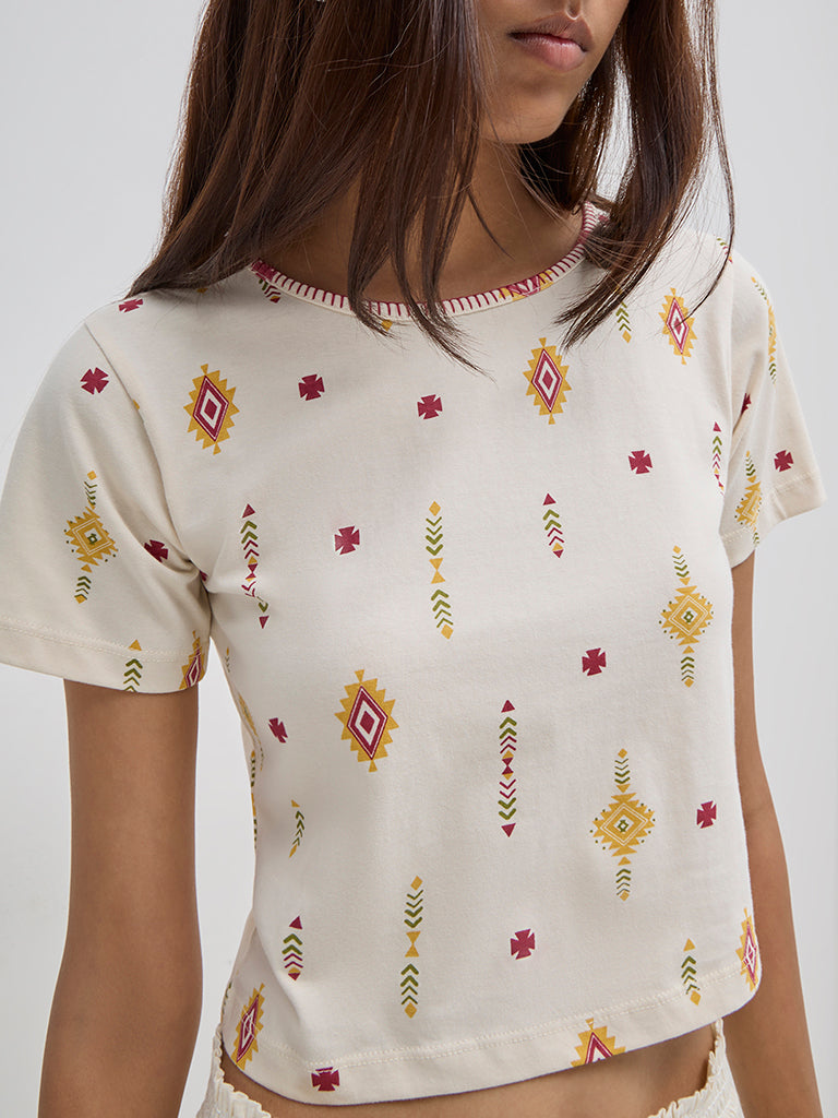 Bombay Paisley Off-White Aztec Printed Cotton T-Shirt