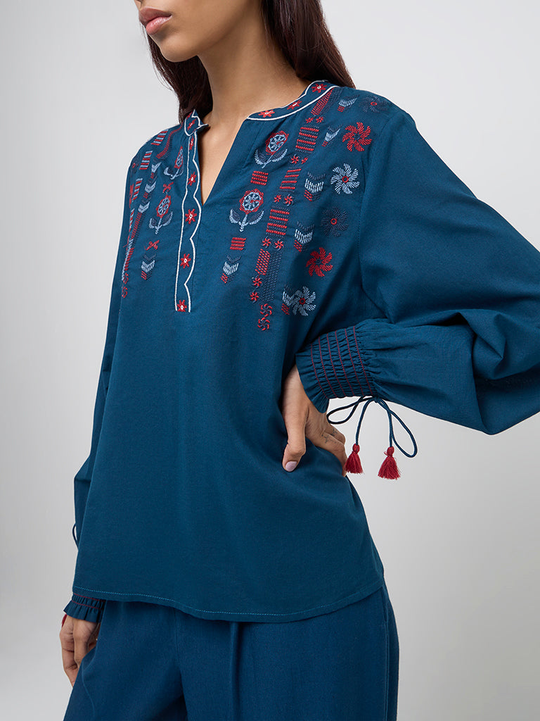 Bombay Paisley Blue Embroidered Cotton Blouse