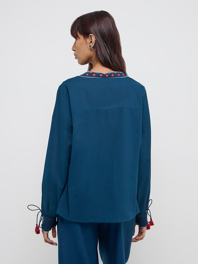 Bombay Paisley Blue Embroidered Cotton Blouse