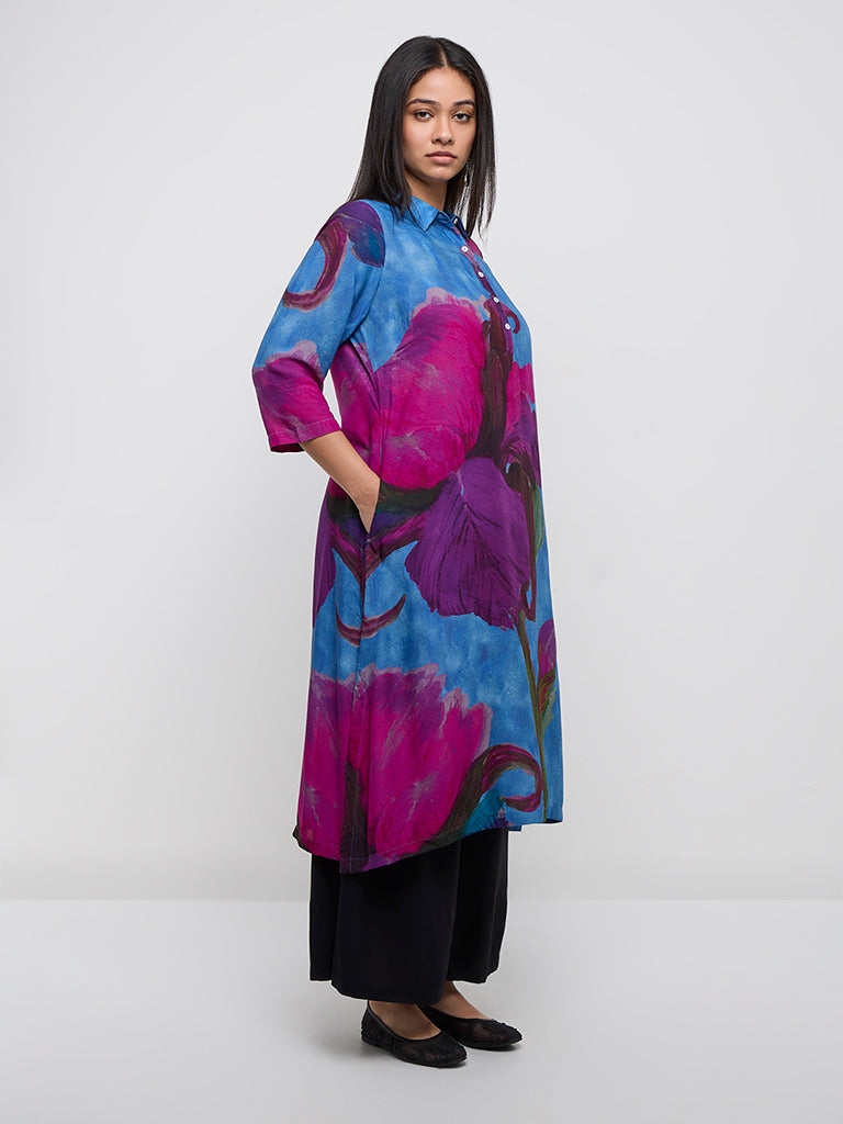 Diza Blue Floral Printed A-Line Kurta