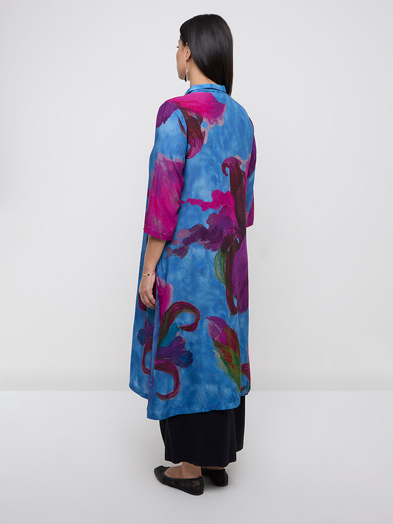 Diza Blue Floral Printed A-Line Kurta