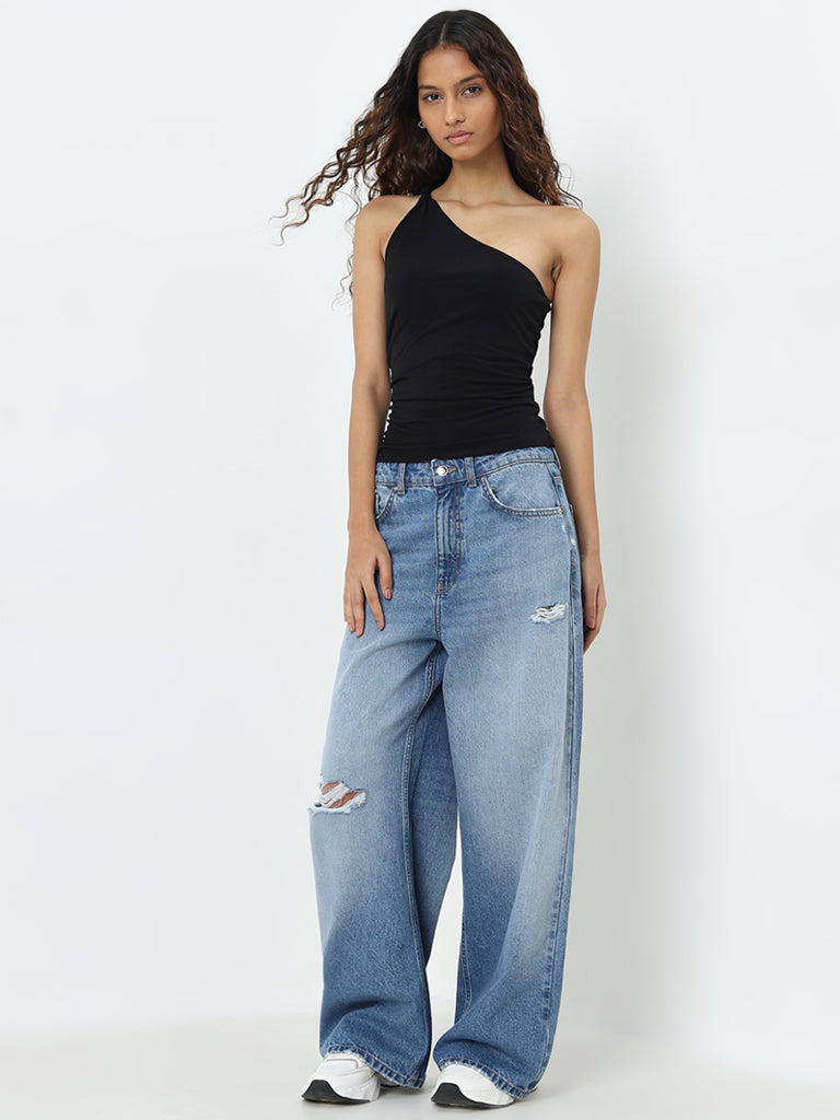 Nuon Black Ruched One-Shoulder Top