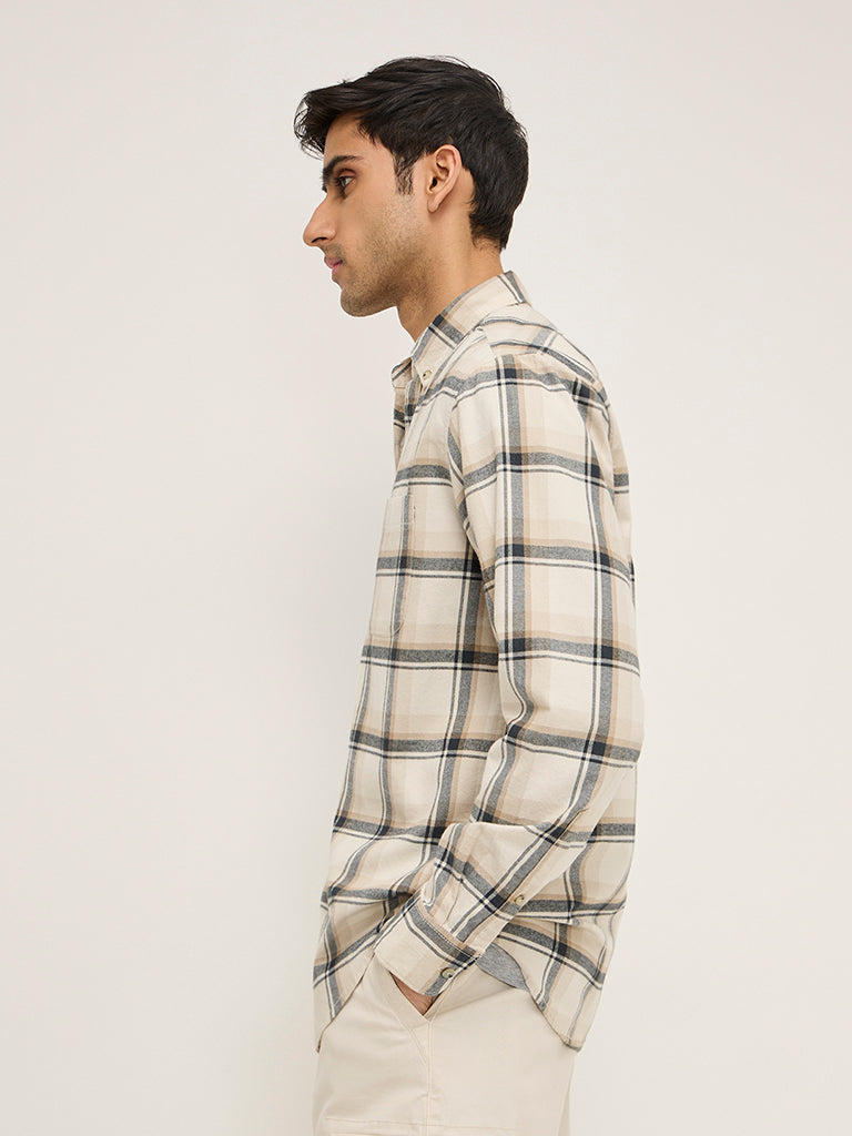 Westside WES Casuals Men's Beige Checkered Relaxed-Fit Cotton Shirt for Casual Wear Side View