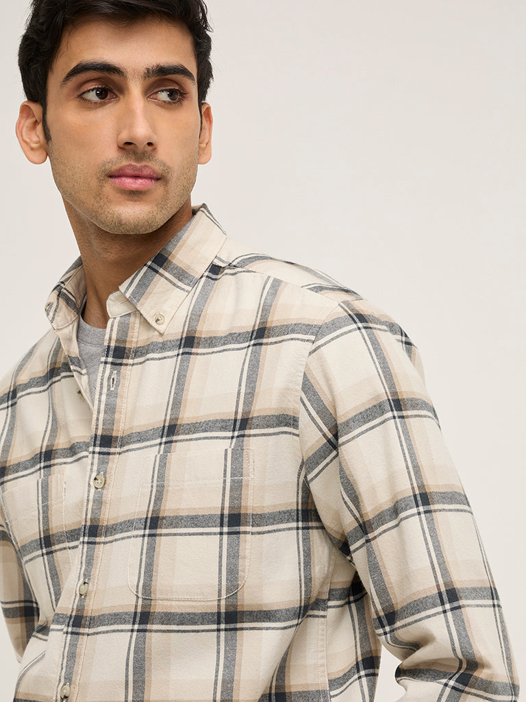 Westside WES Casuals Men's Beige Checkered Relaxed-Fit Cotton Shirt for Casual Wear Zoomed View
