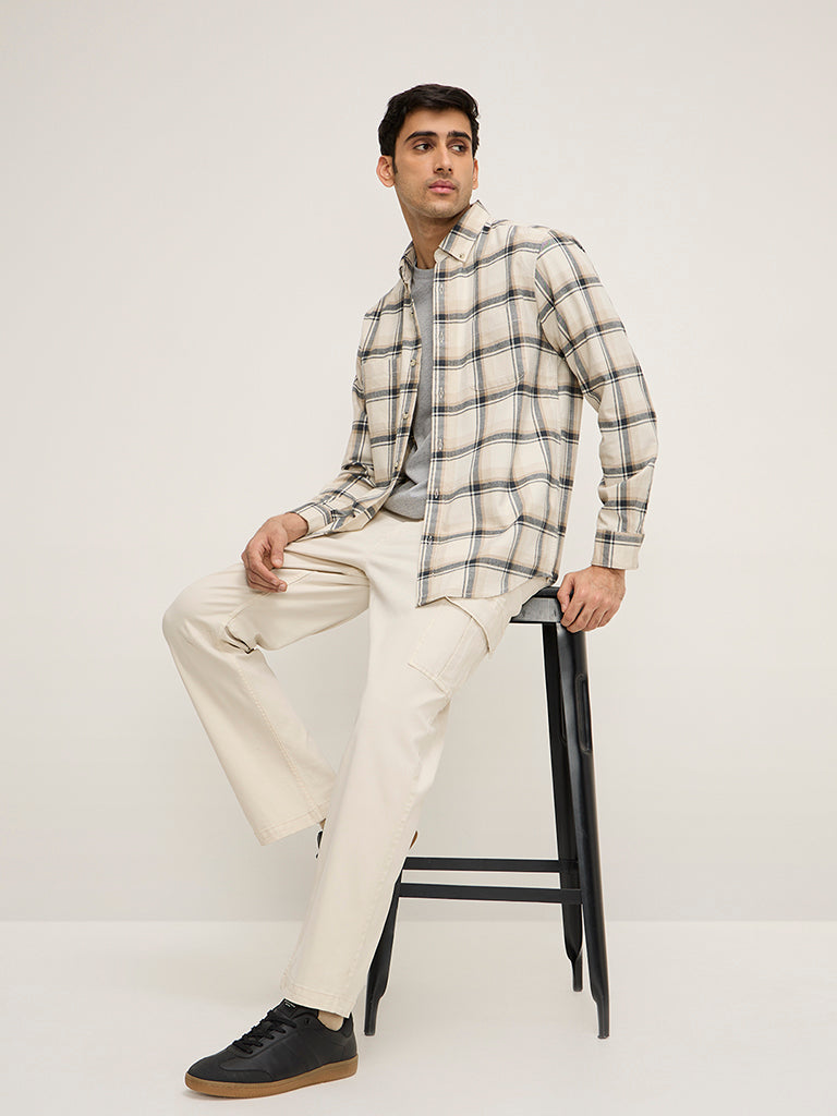 Westside WES Casuals Men's Beige Checkered Relaxed-Fit Cotton Shirt for Casual Wear Full View