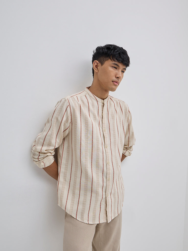 ETA Beige Striped Resort-Fit Cotton Shirt