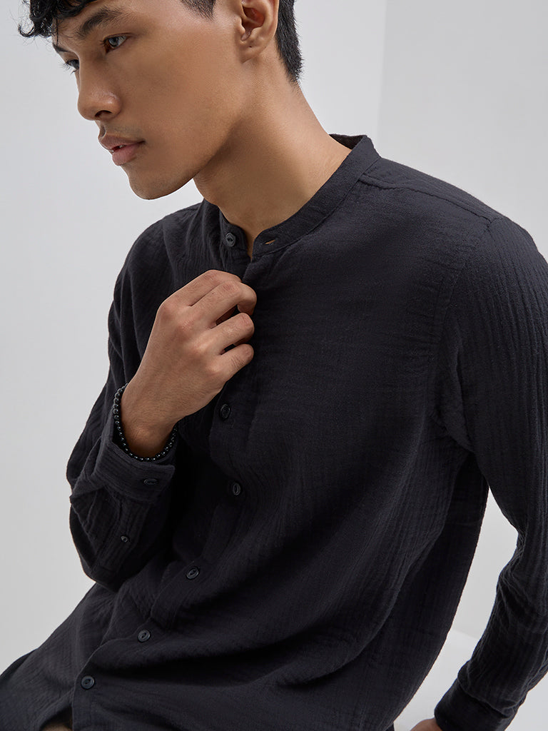 ETA Black Crinkle Textured Resort-Fit Cotton Shirt