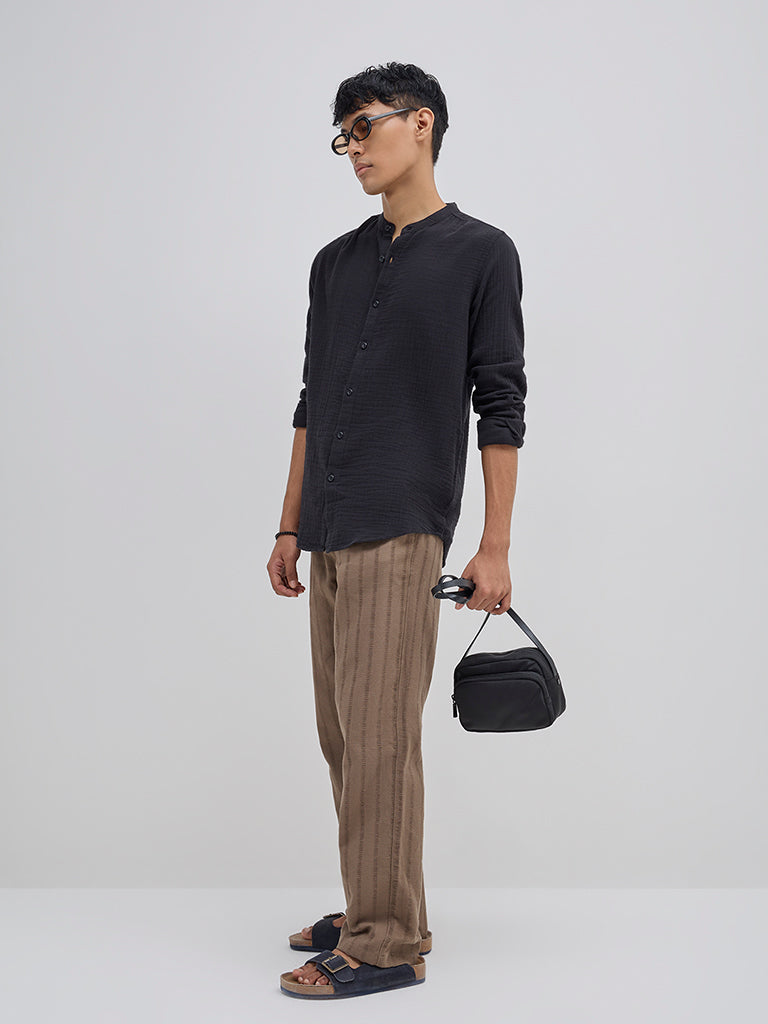 ETA Black Crinkle Textured Resort-Fit Cotton Shirt