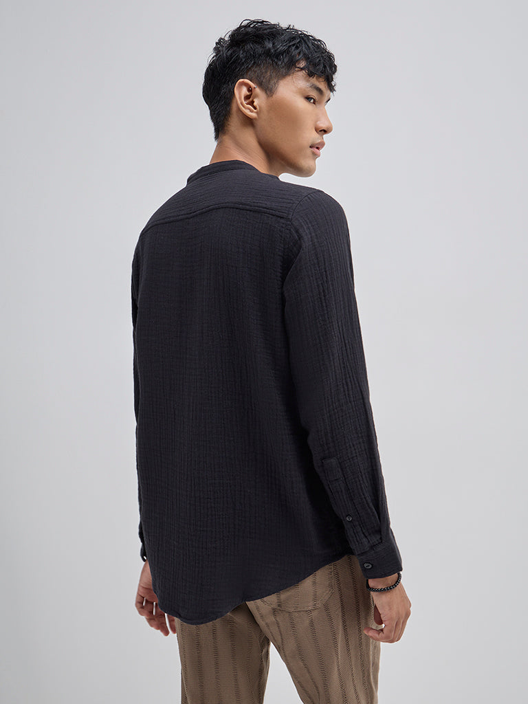 ETA Black Crinkle Textured Resort-Fit Cotton Shirt