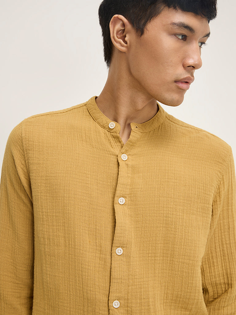 ETA Mustard Crinkle-Textured Resort-Fit Cotton Shirt
