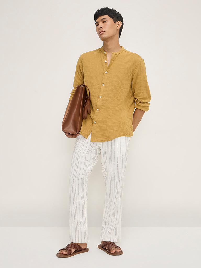 ETA Mustard Crinkle-Textured Resort-Fit Cotton Shirt