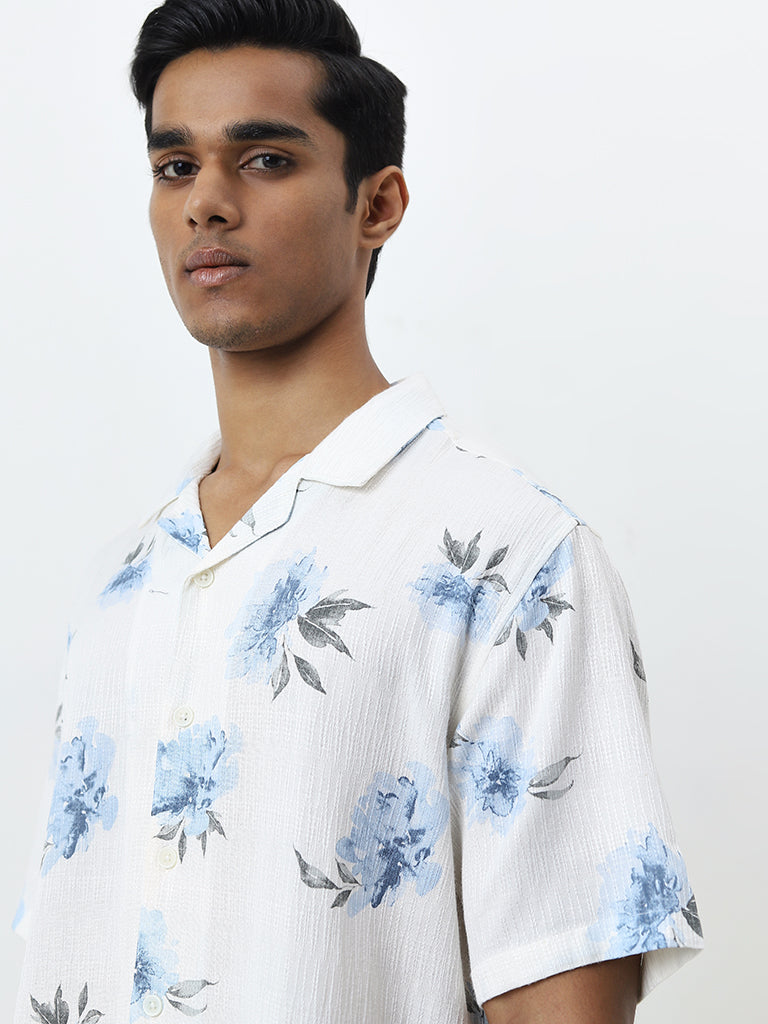 ETA White Floral Pattern Relaxed-Fit Cotton-Blend Shirt