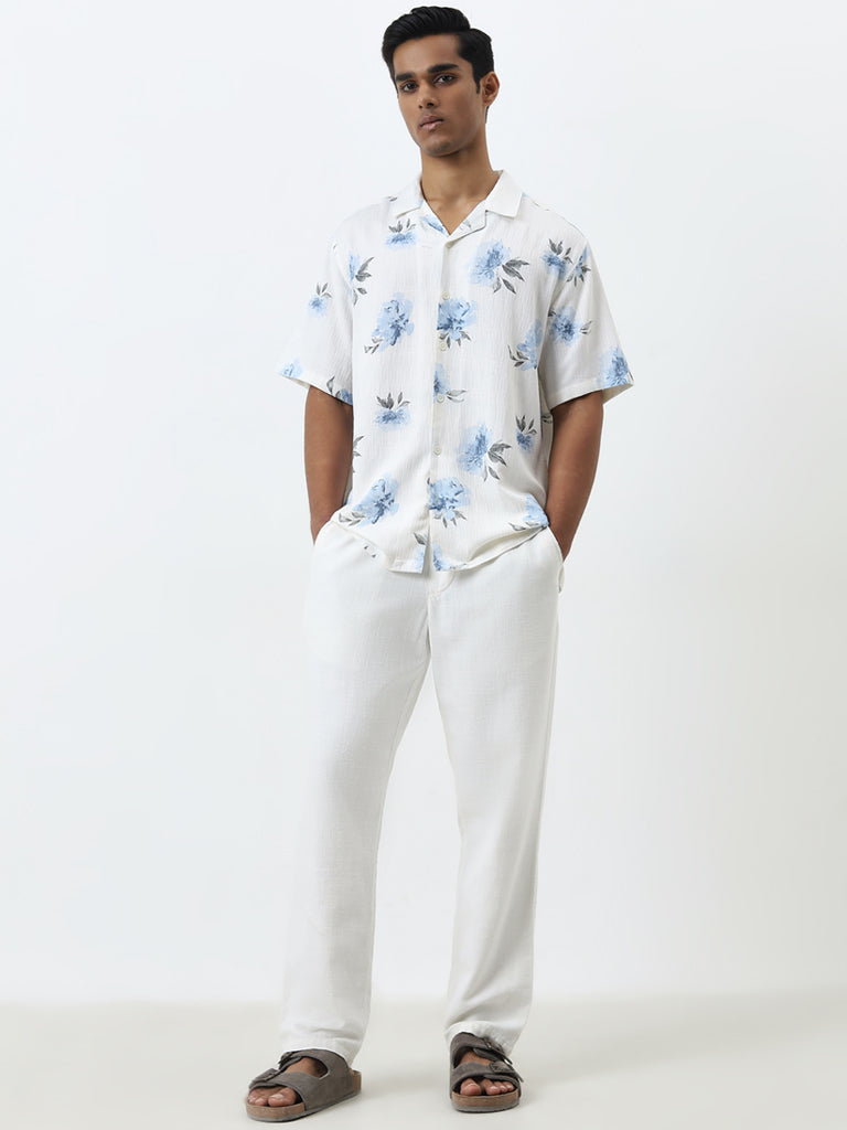 ETA White Floral Pattern Relaxed-Fit Cotton-Blend Shirt