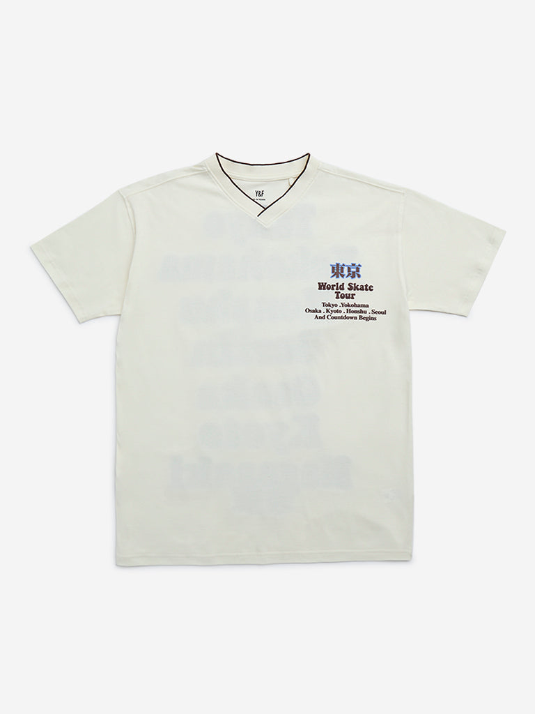 Y&F Kids Off-White Typographic Cotton T-Shirt