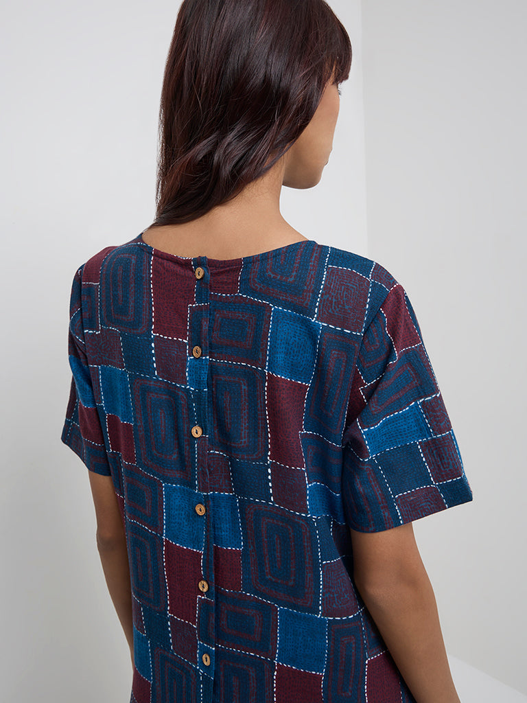 Bombay Paisley Navy Geometric Cotton-Blend Drop-Waist Dress