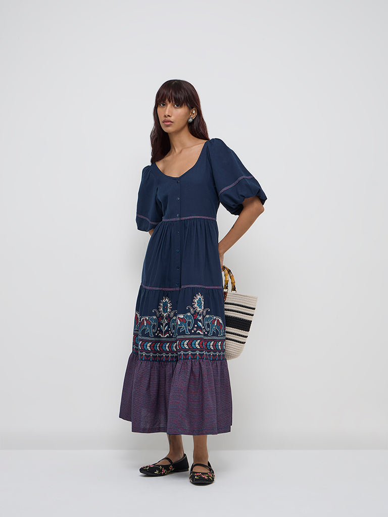 Bombay Paisley Navy Animal Design Tiered Dress
