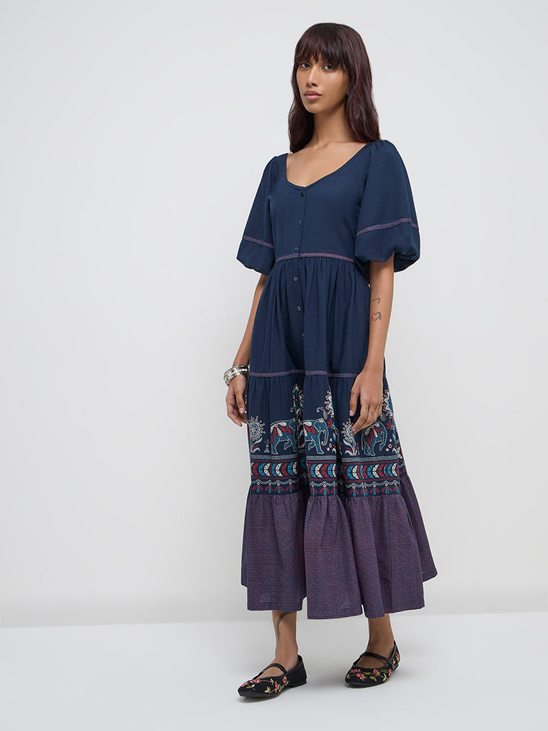 Bombay Paisley Navy Animal Design Tiered Dress