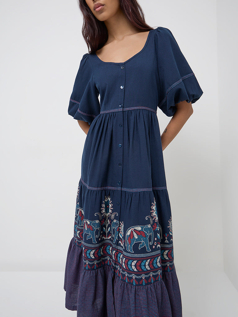 Bombay Paisley Navy Animal Design Tiered Dress